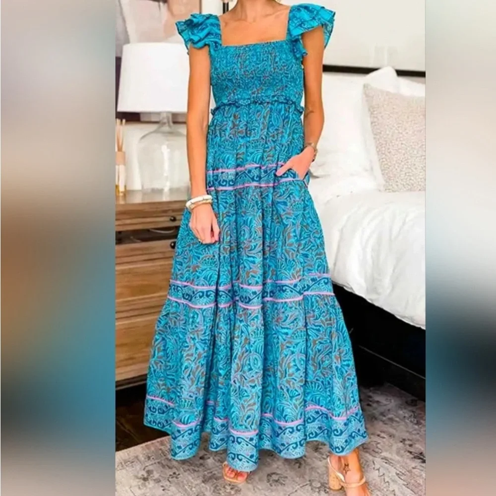Cleobella Blue Floral Smocked Midi Dress with Puff Shoulders
